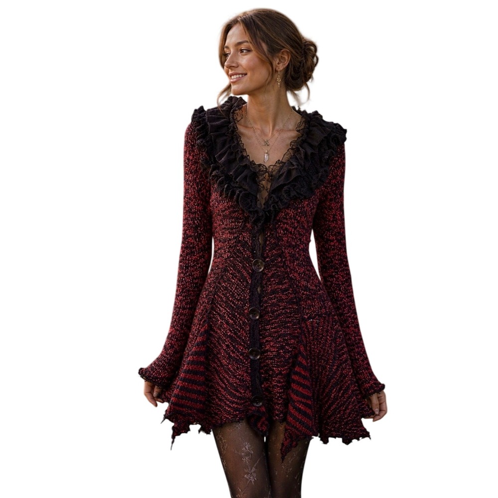 Pretty Angel Black Red Cardigan Sweater Ruffles Lace Whimsygoth Fairycore M
